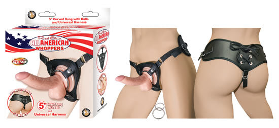 ALL AMERICAN WHOPPERS 5 CURVED DONG W BALLS FLESH & UNIVERSAL HARNESS"